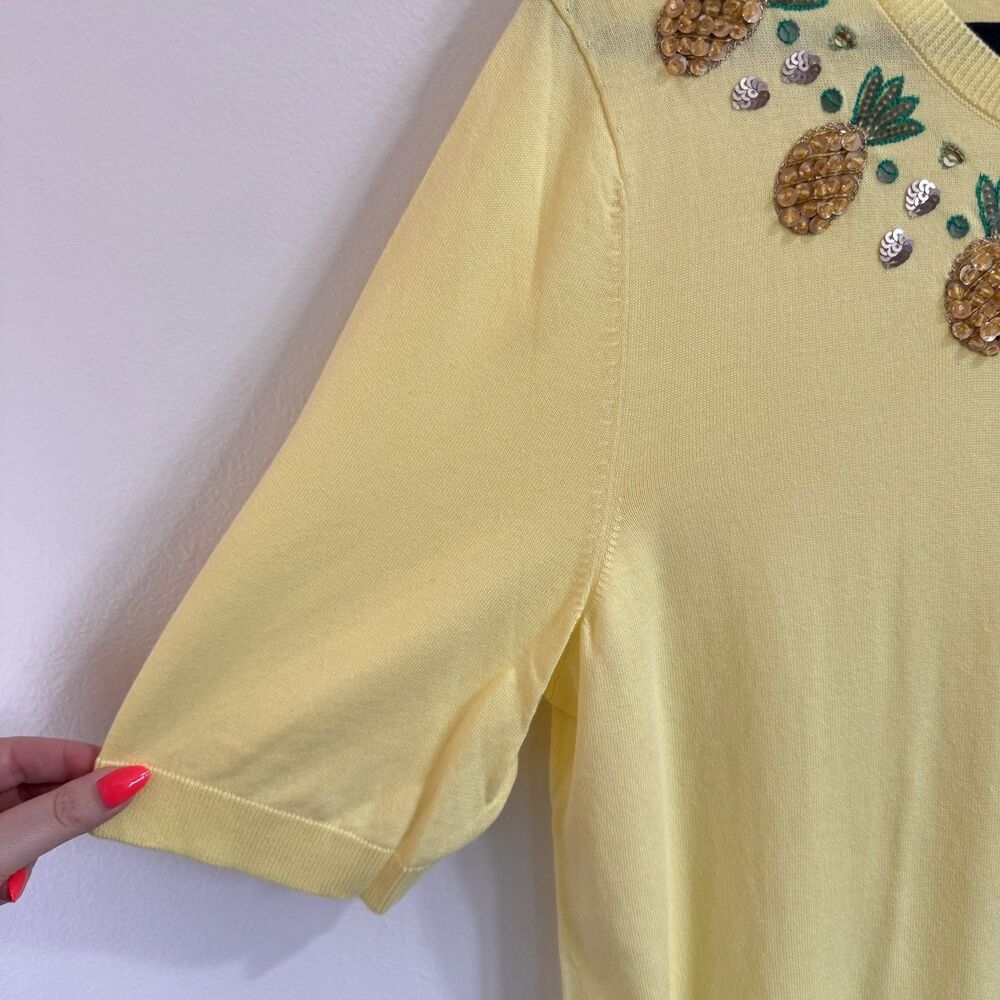 Talbots Sweater XL Yellow Pineapples Sequins Cotton Knit Stretch Crewneck - Picture 4 of 8